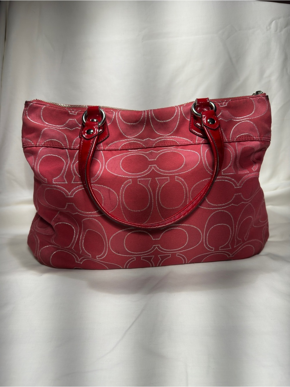 Coach Poppy Signature Lurex Glam Tote Red Silver Patent Leather 17890